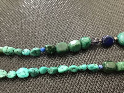 Sale Photo Thumbnail #165: Barse brand beaded necklace featuring natural stone beads including turquoise, lapis, and other multi-color gemstones. Marked '925 BARSE' on the metal logo tag near the clasp, with a sterling silver lobster claw clasp and adjustable extension chain. Good 