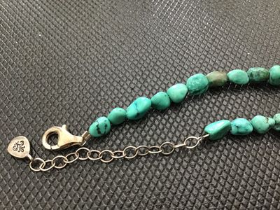 Sale Photo Thumbnail #164: Barse brand beaded necklace featuring natural stone beads including turquoise, lapis, and other multi-color gemstones. Marked '925 BARSE' on the metal logo tag near the clasp, with a sterling silver lobster claw clasp and adjustable extension chain. Good 