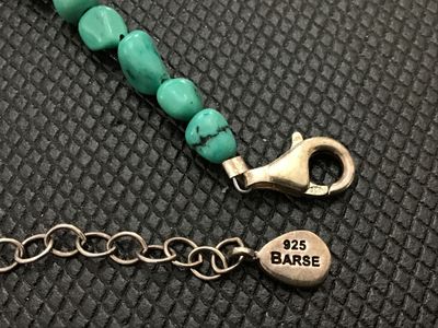 Sale Photo Thumbnail #162: Barse brand beaded necklace featuring natural stone beads including turquoise, lapis, and other multi-color gemstones. Marked '925 BARSE' on the metal logo tag near the clasp, with a sterling silver lobster claw clasp and adjustable extension chain. Good 
