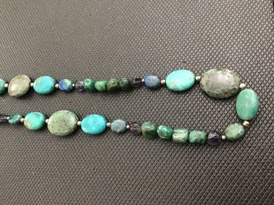 Sale Photo Thumbnail #166: Barse brand beaded necklace featuring natural stone beads including turquoise, lapis, and other multi-color gemstones. Marked '925 BARSE' on the metal logo tag near the clasp, with a sterling silver lobster claw clasp and adjustable extension chain. Good 