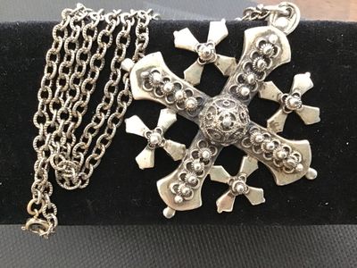Sale Photo Thumbnail #35: Ornate silver-tone Jerusalem cross pendant necklace featuring intricate filigree work and beaded embellishments. The pendant measures approximately 2.5 inches by 2.5 inches and comes attached to a heavy textured link chain with a spring ring clasp. The re