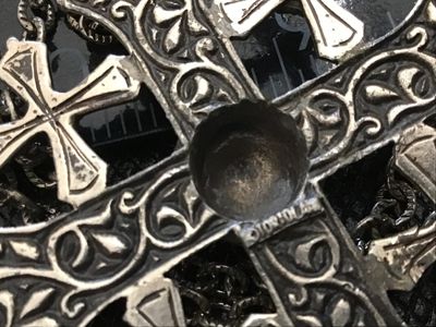 Sale Photo Thumbnail #34: Ornate silver-tone Jerusalem cross pendant necklace featuring intricate filigree work and beaded embellishments. The pendant measures approximately 2.5 inches by 2.5 inches and comes attached to a heavy textured link chain with a spring ring clasp. The re