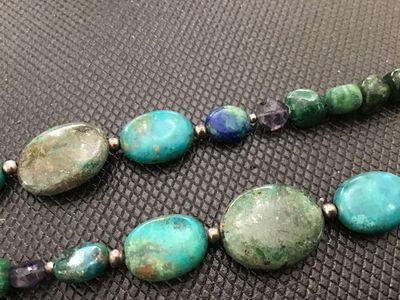 Sale Photo Thumbnail #163: Barse brand beaded necklace featuring natural stone beads including turquoise, lapis, and other multi-color gemstones. Marked '925 BARSE' on the metal logo tag near the clasp, with a sterling silver lobster claw clasp and adjustable extension chain. Good 