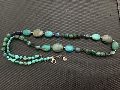Sale Photo Thumbnail #167: Barse brand beaded necklace featuring natural stone beads including turquoise, lapis, and other multi-color gemstones. Marked '925 BARSE' on the metal logo tag near the clasp, with a sterling silver lobster claw clasp and adjustable extension chain. Good 