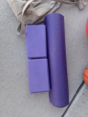 Sale Photo Thumbnail #204: REEBOK EXERCISE BALL, NIKE MINI BASKETBALL, EVOLAND UNDER DESK PEDAL EXERCISER, PURPLE YOGA MAT, TWO FOAM BLOCKS, CANVAS CARRY BAG, AND MORE. ALL ITEMS SHOW LIGHT SIGNS OF USE.