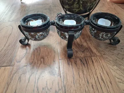 Sale Photo Thumbnail #398: MOSAIC GLASS VASE STAND AND MATCHING 3-CANDLE HOLDER SET WITH LED CANDLES AND MORE.