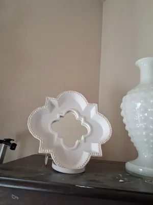 Sale Photo Thumbnail #421: WHITE MILK GLASS HOBNAIL VASE AND A MATCHING WHITE CERAMIC/RESIN QUATREFOIL MIRRORED TRAY DISH WITH METAL DISPLAY STAND AND MORE. BOTH PIECES IN GOOD CONDITION WITH NO VISIBLE CHIPS OR CRACKS.