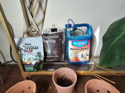 Sale Photo Thumbnail #404: Assorted gardening and plant care supplies including terracotta pots with saucers, hand tools (trowel, pruners, rake), HARRIS Horticultural Charcoal, Organic Perlite, BAYER ADVANCED Home Pest spray, and plant ties.