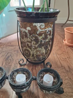 Sale Photo Thumbnail #399: MOSAIC GLASS VASE STAND AND MATCHING 3-CANDLE HOLDER SET WITH LED CANDLES AND MORE.