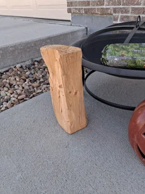 Sale Photo Thumbnail #121: Metal fire pit with mesh spark screen lid and interior grate, American Home by Yankee Candle Fresh Balsam Fir firelog (4.5 lb), ceramic jack-o'-lantern decor, and wood log.