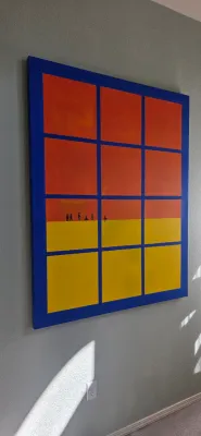 Sale Photo Thumbnail #10: Large canvas wall art featuring a grid pattern over a yellow and orange sunset landscape with silhouetted figures.