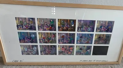 Sale Photo Thumbnail #38: Framed artwork grid titled '14 Labor Days at Uncle Harry's', signed and dated 'Cady 91' in a light wood frame.