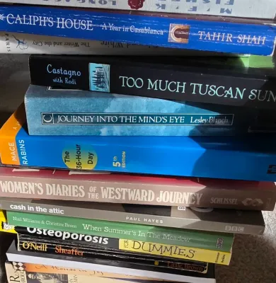Sale Photo Thumbnail #42: Stack of assorted vintage and contemporary paperback and hardcover books featuring diverse non-fiction titles.
