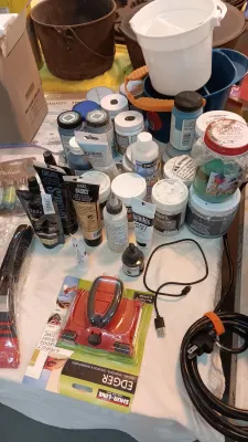 Sale Photo Thumbnail #20: Collection of art supplies, including various paints, jars, brushes, a paint caddy, and a Shur-Line paint edger.