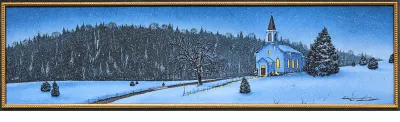 Panoramic framed winter landscape painting depicting a snow-covered scene with a lit church, forest backdrop, and falling snow.