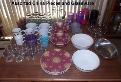 Sale Photo Thumbnail #15: Hand blown glasses and pitcher, assorted mugs, glassware, china and bread baskets