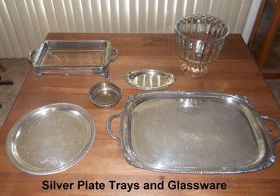 Sale Photo Thumbnail #14: Antique silver plated trays, pyrex casserole and plated stand, trifle bowl