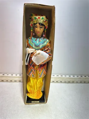 Vintage Chinese souvenir doll in traditional silk attire with an ornate jewel-embellished headdress, displayed in its original cardboard...
