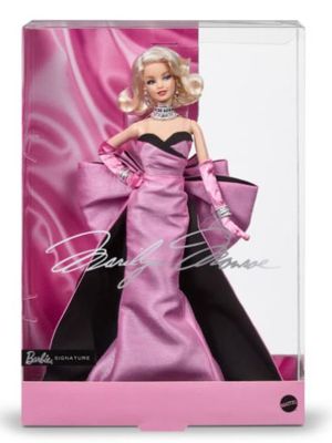 Barbie Signature Marilyn Monroe doll in original packaging, wearing an iconic pink satin gown with a large back bow.