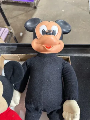 Vintage Mickey Mouse plush doll featuring a molded rubber or vinyl head and hands with a black fabric body.