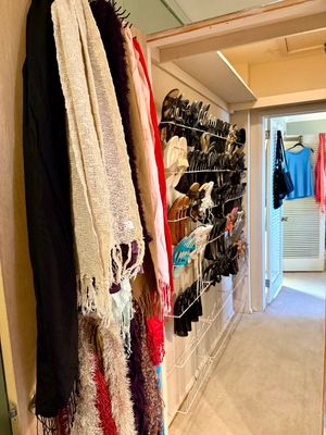 Collection of women's scarves hung on a door alongside a large wall-mounted metal shoe rack organized with various footwear.