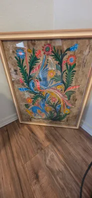Sale Photo Thumbnail #30: Framed Mexican amate bark painting featuring colorful folk art depictions of birds, animals, and floral motifs.