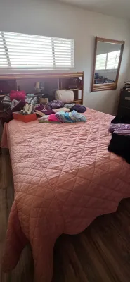 Sale Photo Thumbnail #36: Wooden bedroom set featuring a headboard with mirrored shelves, a matching wall mirror, and assorted folded clothing atop a pink quilted bedspread.
