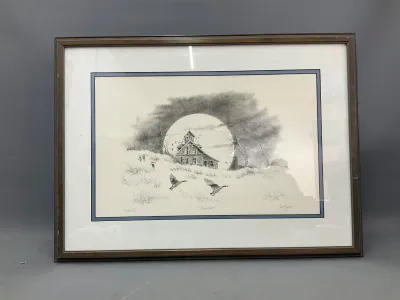 Sale Photo Thumbnail #73: Framed limited edition wildlife print titled "Homecoming," pencil signed and numbered in a double-matted wooden frame.