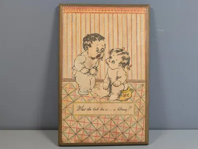 Sale Photo Thumbnail #195: Vintage framed wood plaque featuring a humorous nursery or bathroom print of two babies with the caption 'What cha tink dis is ... a library?'.