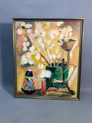 Sale Photo Thumbnail #171: Mid-century expressionist still life oil painting on board, depicting pussy willows and decorative vessels, framed in thin gold wood.