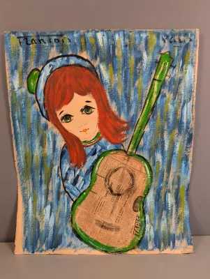 Sale Photo Thumbnail #30: Vintage big-eye style mixed media painting depicting a young girl holding a guitar, signed Francois Paris. The artwork features acrylic paint on paper with newsprint collage elements incorporated into the guitar body.