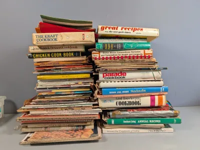 Sale Photo Thumbnail #288: Large collection of vintage cookbooks, recipes, and cooking magazines, including titles like The Kraft Cookbook and Great Recipes from The New York Times.
