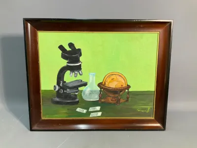 Sale Photo Thumbnail #138: Framed still life painting depicting scientific equipment, including a microscope, beaker, and globe against a bright green background, signed by Forrer.