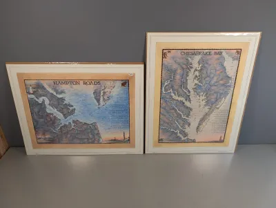 Sale Photo Thumbnail #441: Pair of matted and shrink-wrapped pictorial map prints featuring Hampton Roads and Chesapeake Bay.