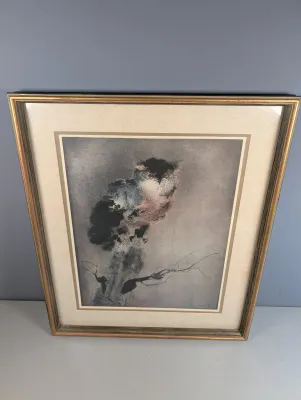 Sale Photo Thumbnail #467: Framed artwork depicting a perching owl in a soft, atmospheric style, set within a double mat and a vintage gilt and wood frame.