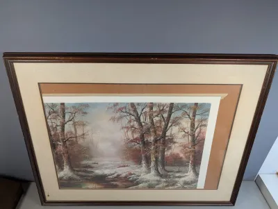 Sale Photo Thumbnail #20: Framed vintage landscape art print depicting a misty woodland scene, set within a double mat and a dark wood frame.