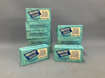 Sale Photo Thumbnail #348: Vintage collection of unopened Aqua-Pruf water-resistant strike-anywhere match blocks by Universal Match Corporation.