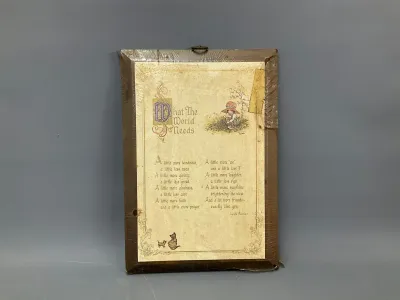Sale Photo Thumbnail #322: Vintage Holly Hobbie style wall plaque featuring 'What The World Needs' poem by Lucille Boesken, wrapped in plastic.