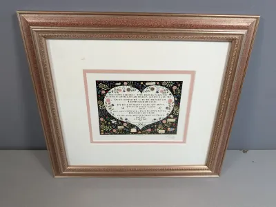 Sale Photo Thumbnail #425: Framed and double-matted sentimental print featuring floral text inside a heart shape, set in an ornate metallic frame.
