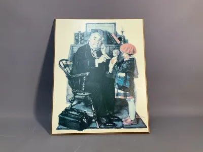 Sale Photo Thumbnail #141: Norman Rockwell vintage wood plaque print titled "Doctor and Doll," depicting a doctor examining a young girl's doll with a stethoscope.