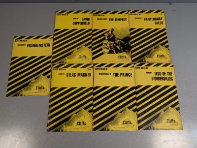 Sale Photo Thumbnail #225: Collection of seven vintage yellow-and-black Cliffs Notes study guides featuring classic literature titles like Frankenstein, The Tempest, and Canterbury Tales.