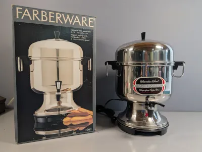 Sale Photo Thumbnail #35: Vintage Farberware stainless steel automatic 12-36 cup Superfast Coffee Urn, model L1360, shown with its original retail box.