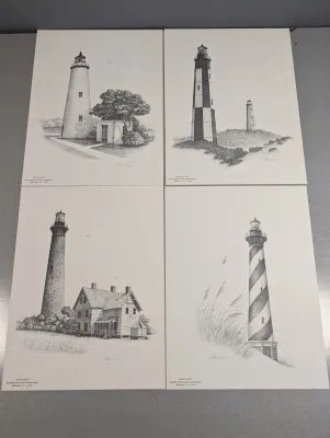 Sale Photo Thumbnail #438: Set of four black-and-white lighthouse art prints by Bob Graham, published by Southway Fireworks Corporation in 1987, featuring Ocracoke Light, Cape Henry Light, Currituck Light, and Hatteras Light.