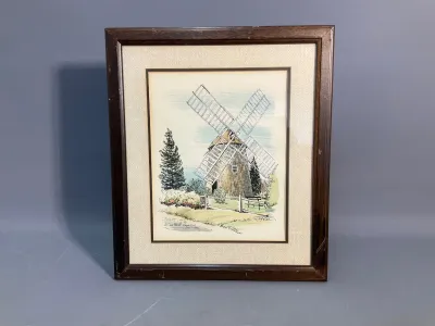 Sale Photo Thumbnail #169: Framed ink and watercolor print titled 'Wind Mill Cape Cod', featuring a classic Cape Cod windmill landscape in a dark wood frame with a textured mat.