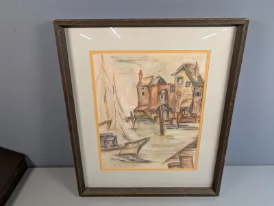 Sale Photo Thumbnail #11: Framed mid-century pastel and charcoal drawing depicting a harbor scene with boats and waterfront buildings, presented in a dark wooden frame with double matting.