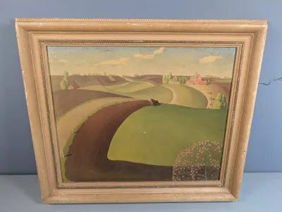 Sale Photo Thumbnail #444: Framed regionalist landscape oil painting after Grant Wood's 'Fall Plowing,' set in a molded painted wooden frame.