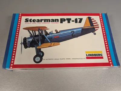 Sale Photo Thumbnail #209: Vintage Lindberg Stearman PT-17 World War Two Primary Trainer scale plastic model kit in original box.