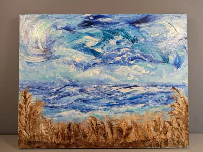 Sale Photo Thumbnail #463: Framed impasto oil painting on canvas depicting a stormy seascape with swirled blue skies and foreground beach grass.