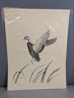 Sale Photo Thumbnail #26: Numbered and signed black-and-white print by Robert Clontz depicting a duck in flight, edition 129/250, presented in protective plastic packaging.