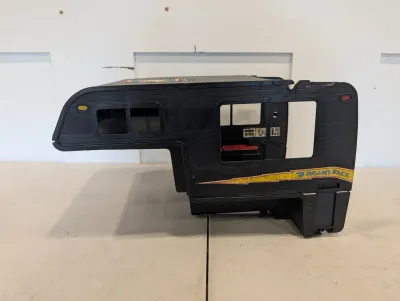 Sale Photo Thumbnail #495: Vintage Mattel Big Jim's P.A.C.K. Sports Camper shell attachment, circa 1970s, featuring original decals and side window cutouts.